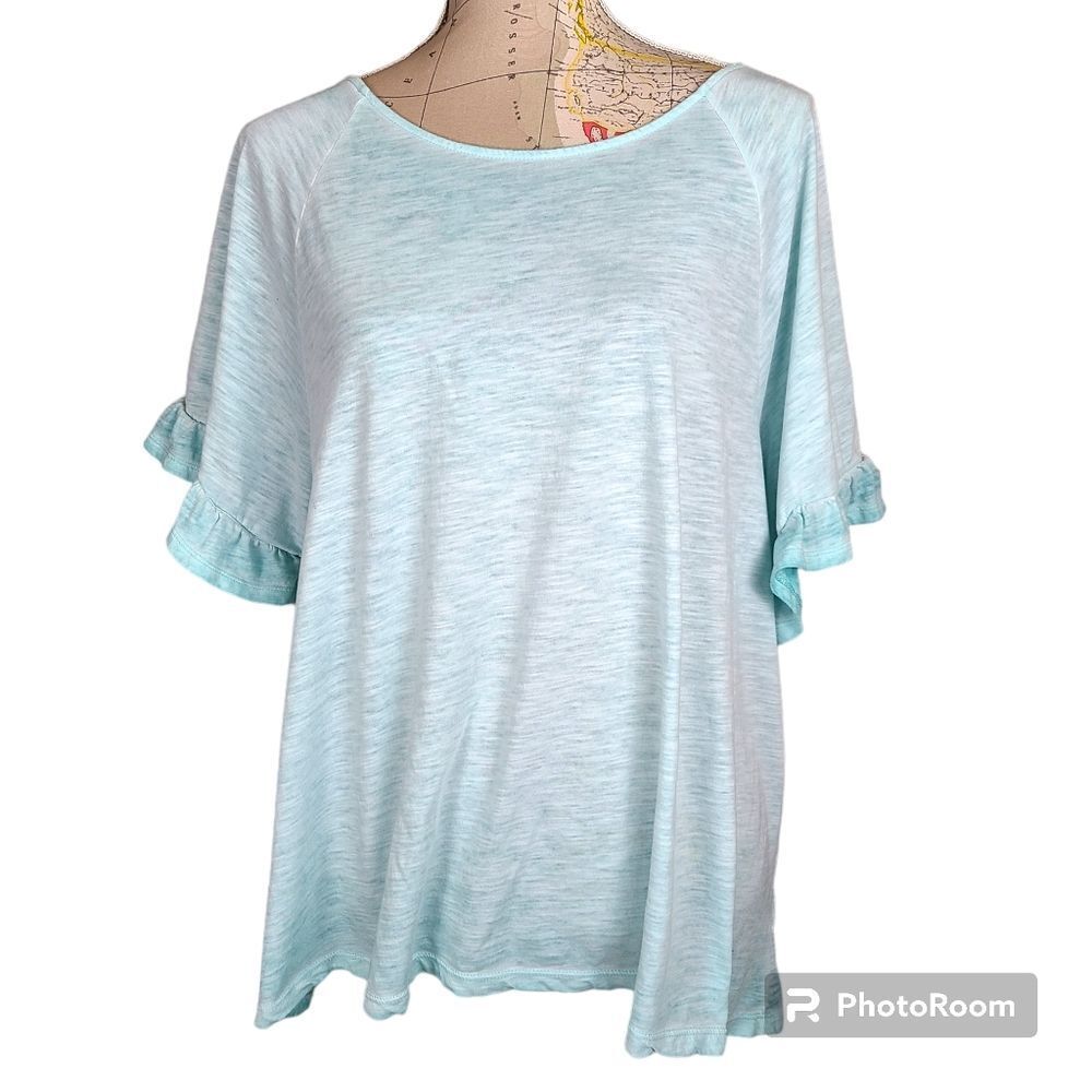 a.n.a Size XXL Acid-wash Green Short Ruffled Sleeve Open Criss-Cross Back Blouse
